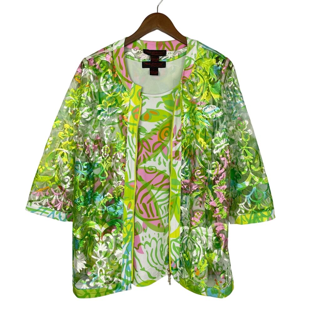 Pleats Collection | Bright Neon Green & Pink Floral Lace Sheer Jacket Tank Set